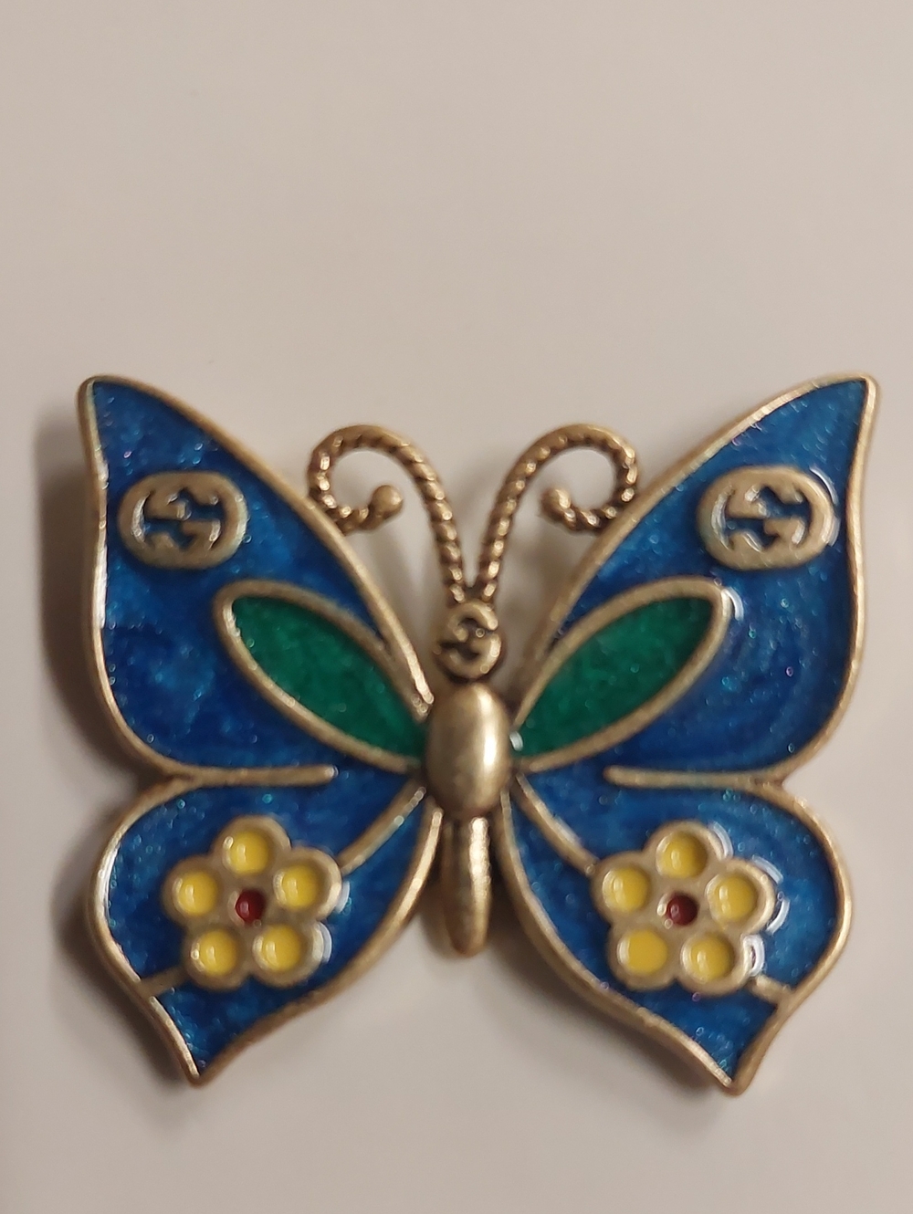 Gucci Blue and Green Enamel Butterfly Charm with Yellow Floral Accents